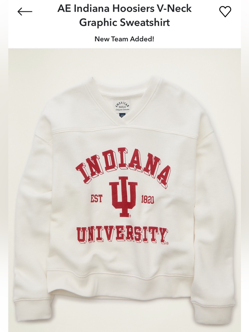 American Eagle Outfitters White V-Neck Graphic Sweatshirt with Red Indiana Logo
